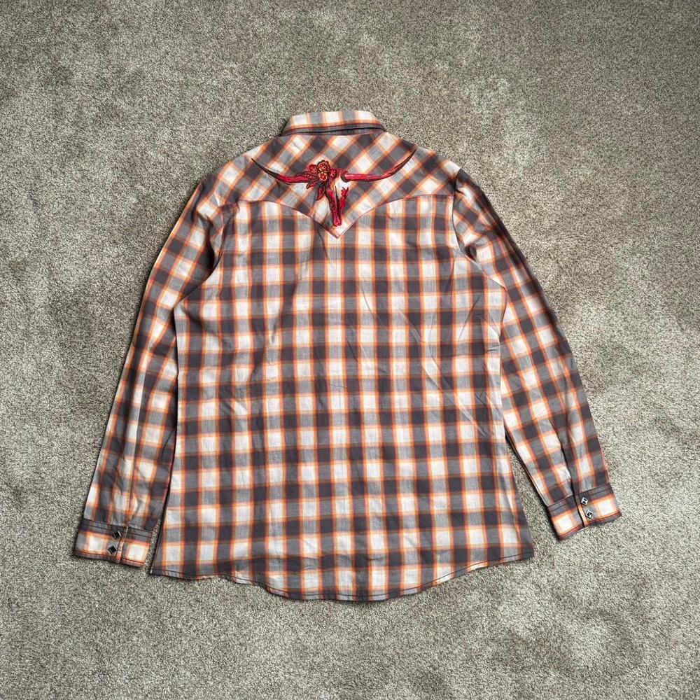 ORANGE WRANGLER "BULL" PLAID WESTERN STYLE BUTTON UP